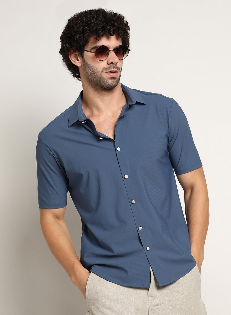 Campus Sutra Men's Steel Blue Seamless Waffle Shirt - Image 1