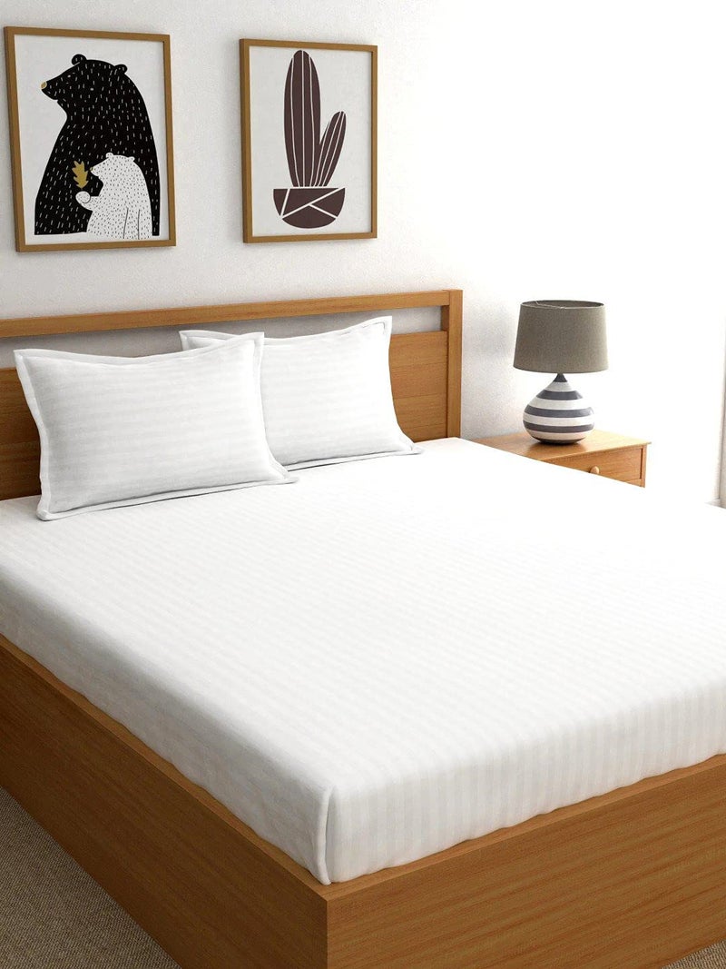 LAYNORA 210 Tc Glace Cotton Sartin Striped/Plain Bedsheets for Super King Size 9x9ft with 2 King Size Pillow Covers| Luxury Soft Sheets (3pcs Set) |108x108 inches, White - Image 2