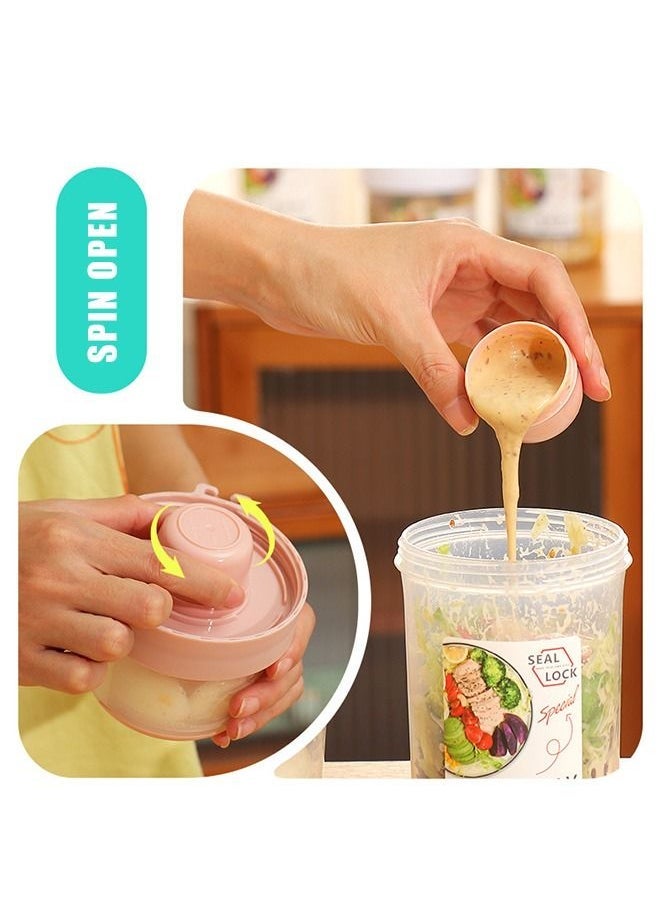Salad Cup Breakfast Cup, Double Layer Salad Meal Shaker Cup with Fork and Salad Dressing Holder, Portable Plastic Multipurpose Container Jar (Pink) - Image 4