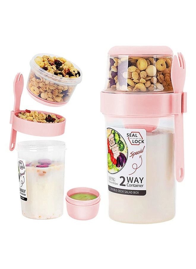Salad Cup Breakfast Cup, Double Layer Salad Meal Shaker Cup with Fork and Salad Dressing Holder, Portable Plastic Multipurpose Container Jar (Pink) - Image 1