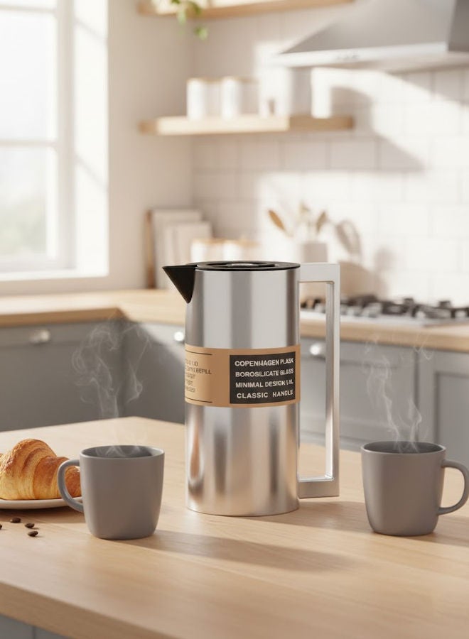 GAZELLA Stainless Steel Tea/Coffee Flask 1.0 Liter Silver/Black, Borosilicate Glass Inside - Image 2