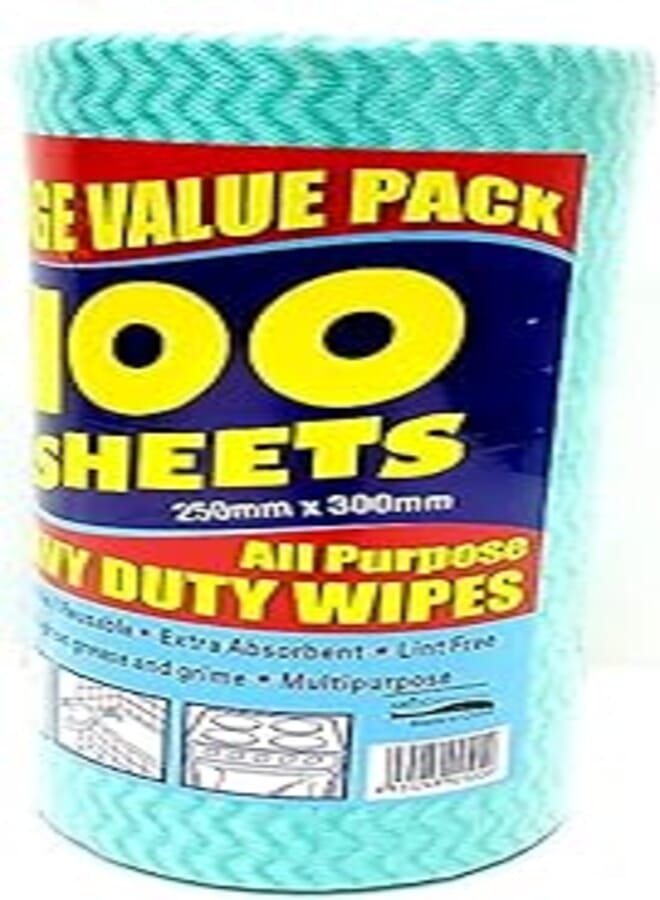 All Purpose Reusable Huge Value Pack 100 Sheets Heavy Duty Wipes 25cm x 30cm (Green)
