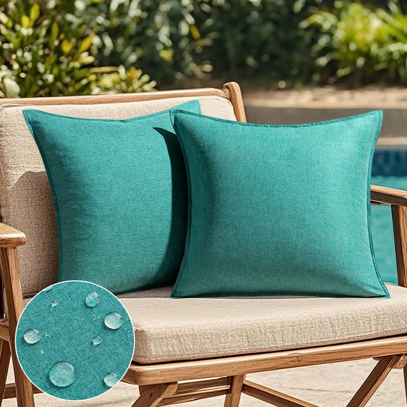 EMEMA Decorative Outdoor Waterproof Throw Pillow Covers Farmhouse Broadside Pillowcase Soft Outside Classic Cushion Cases for Patio Furniture Garden Sofa Set of 2 18x18 Inch Turquoise - Image 1
