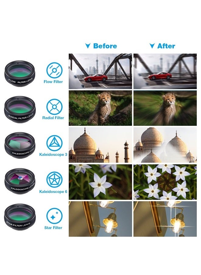 Apexel 10 in 1 Phone Camera Lens Kit Wide Angle/Macro/Fisheye/Telephoto/CPL/Flow/Radial/Star Filter/Kaleidoscope Lens for iPhone and Most Phone - Image 4