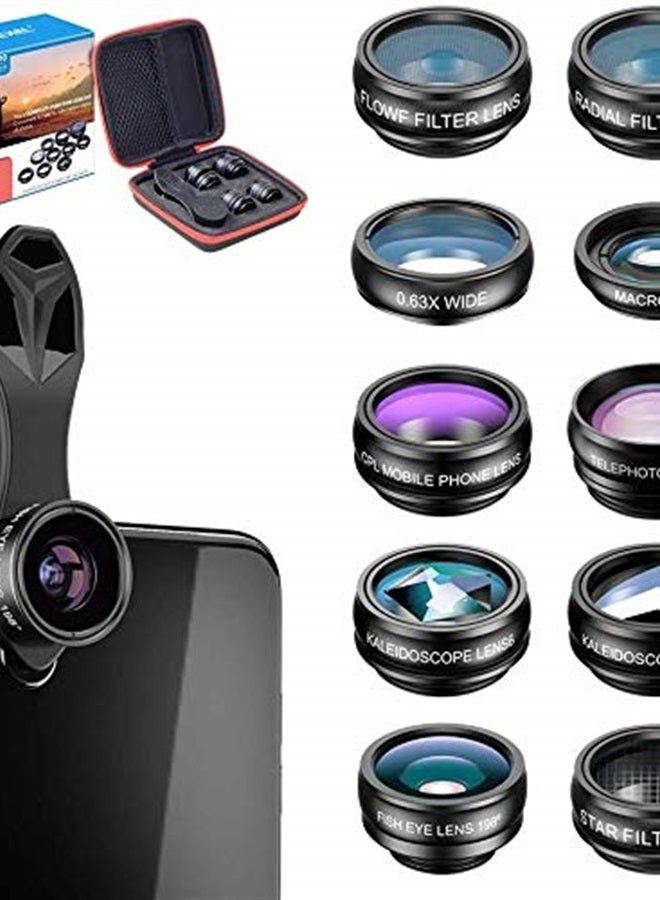 Apexel 10 in 1 Phone Camera Lens Kit Wide Angle/Macro/Fisheye/Telephoto/CPL/Flow/Radial/Star Filter/Kaleidoscope Lens for iPhone and Most Phone - Image 1