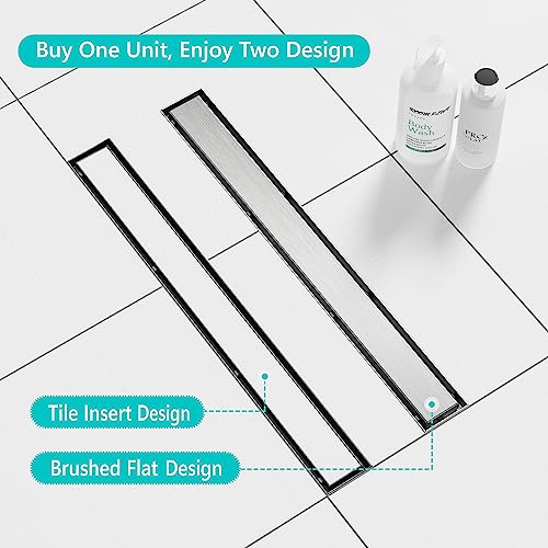 Neodrain 28-Inch Linear Shower Drain- with 2-in-1 Flat & Tile Insert Cover, Brushed 304 Stainless Steel Rectangle Shower Floor Drain,Floor Shower Drain with Adjustable Leveling Feet, Hair Strainer - Image 3