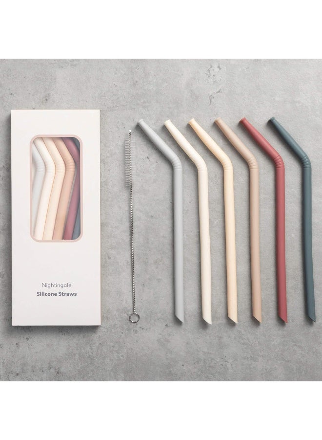 Nightingale Reusable Silicone Straws - Bendy Drinking Straw with Cleaning Brush - Collapsible and Bendable Travel Straw for Kids - Dishwasher Safe, Food-Safe - Set of 6 (Oak Multi) - Image 1
