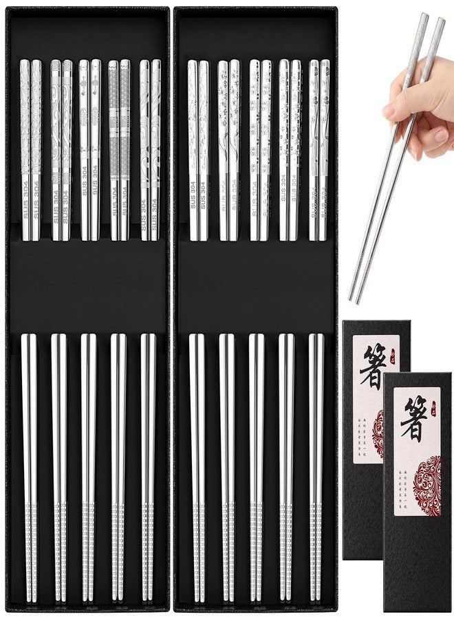 Singhoow 10 Pairs Metal Chopsticks Reusable 18/8 Stainless Steel Chopsticks with Sleek Engraving Patterns 9.25 in Japanese Korean Chop Stick Non-slip Dishwasher Safe for Premium Gift Set - Image 1
