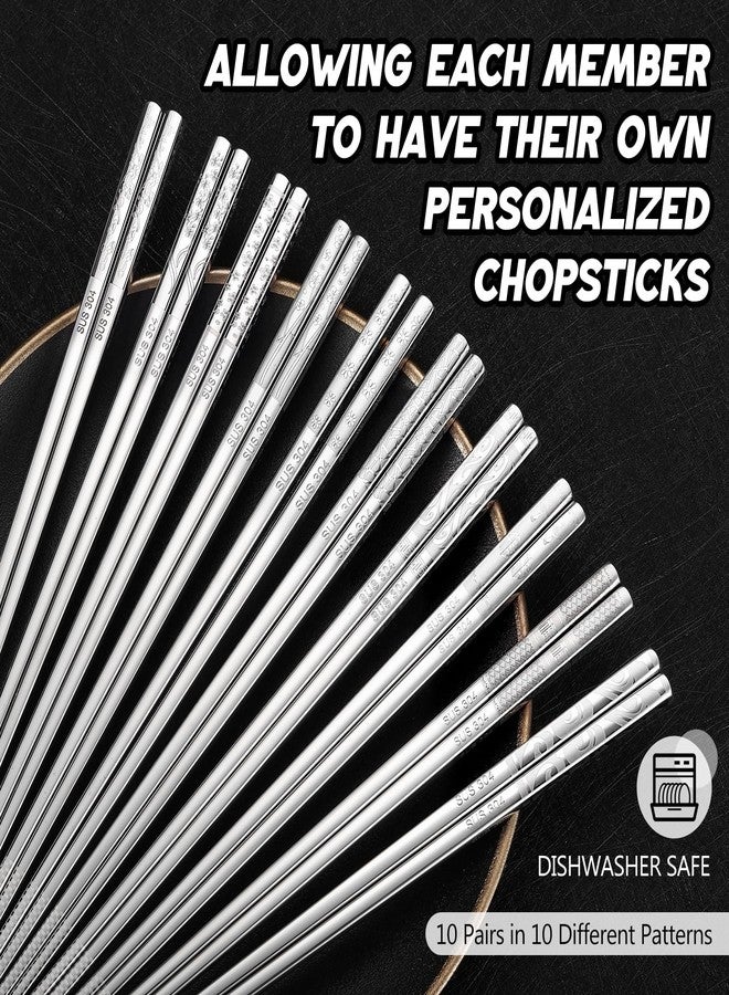 Singhoow 10 Pairs Metal Chopsticks Reusable 18/8 Stainless Steel Chopsticks with Sleek Engraving Patterns 9.25 in Japanese Korean Chop Stick Non-slip Dishwasher Safe for Premium Gift Set - Image 3