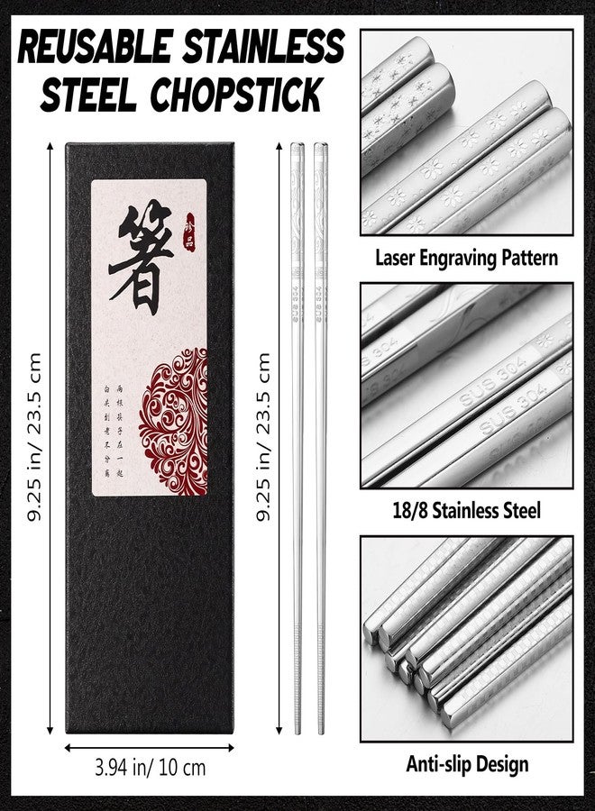 Singhoow 10 Pairs Metal Chopsticks Reusable 18/8 Stainless Steel Chopsticks with Sleek Engraving Patterns 9.25 in Japanese Korean Chop Stick Non-slip Dishwasher Safe for Premium Gift Set - Image 2