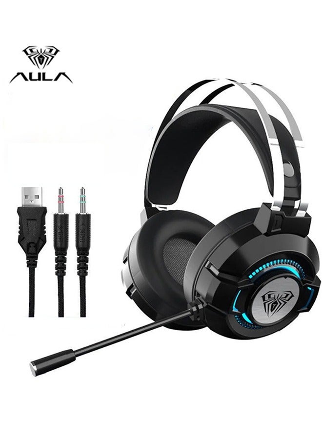 أولا سماعة ألعاب سلكية S602 7.1 محيطية، سماعات ألعاب فوق الأذن مع ميكروفون، مشغلات 50 مم، أضواء RGB، ميكروفون مضاد للضوضاء لأجهزة الكمبيوتر/PS4/Xbox (أسود/أبيض) - Image 1