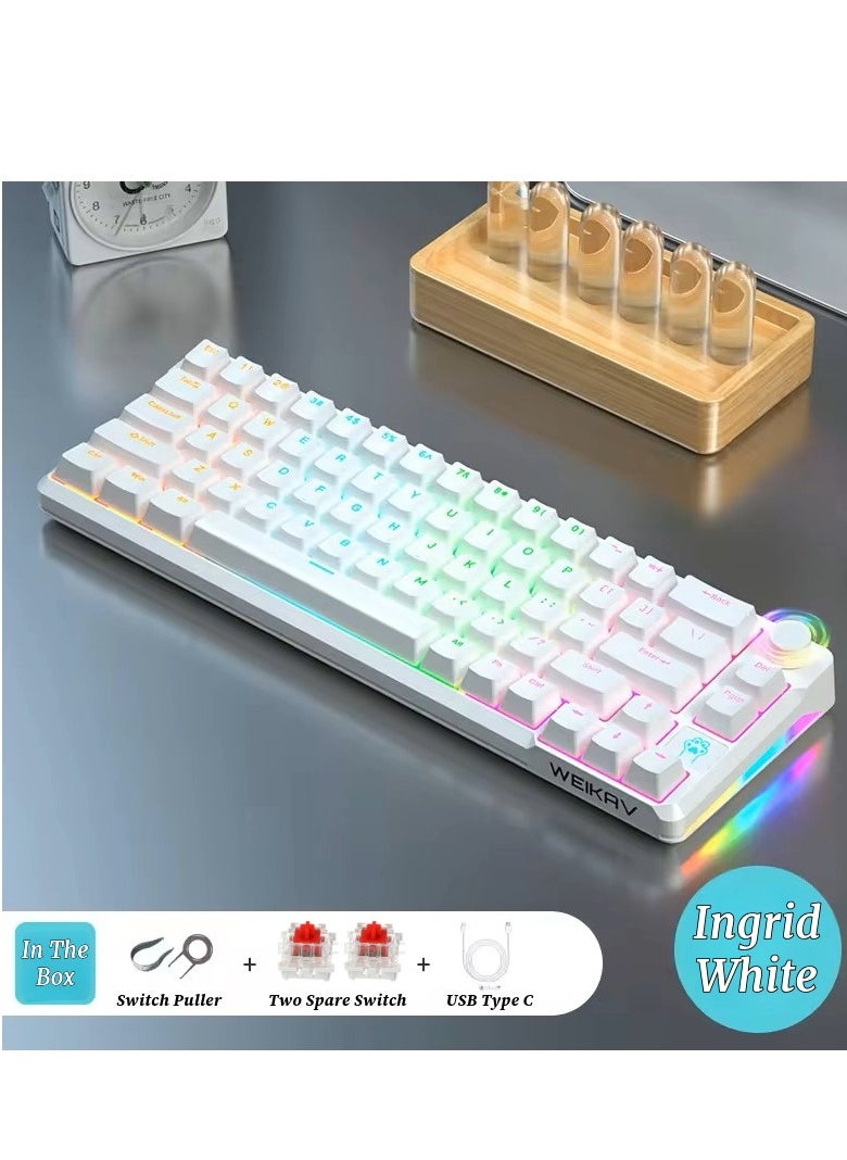 ماركة غير محددة - كيبورد العاب ميكانيكي، 68 مفتاح، مفتاح احمر/ازرق، اضواء RGB، عربي، سلكي USB نوع C، مقاوم للماء والغبار أبيض إنجريدي - مفتاح احمر - Image 1