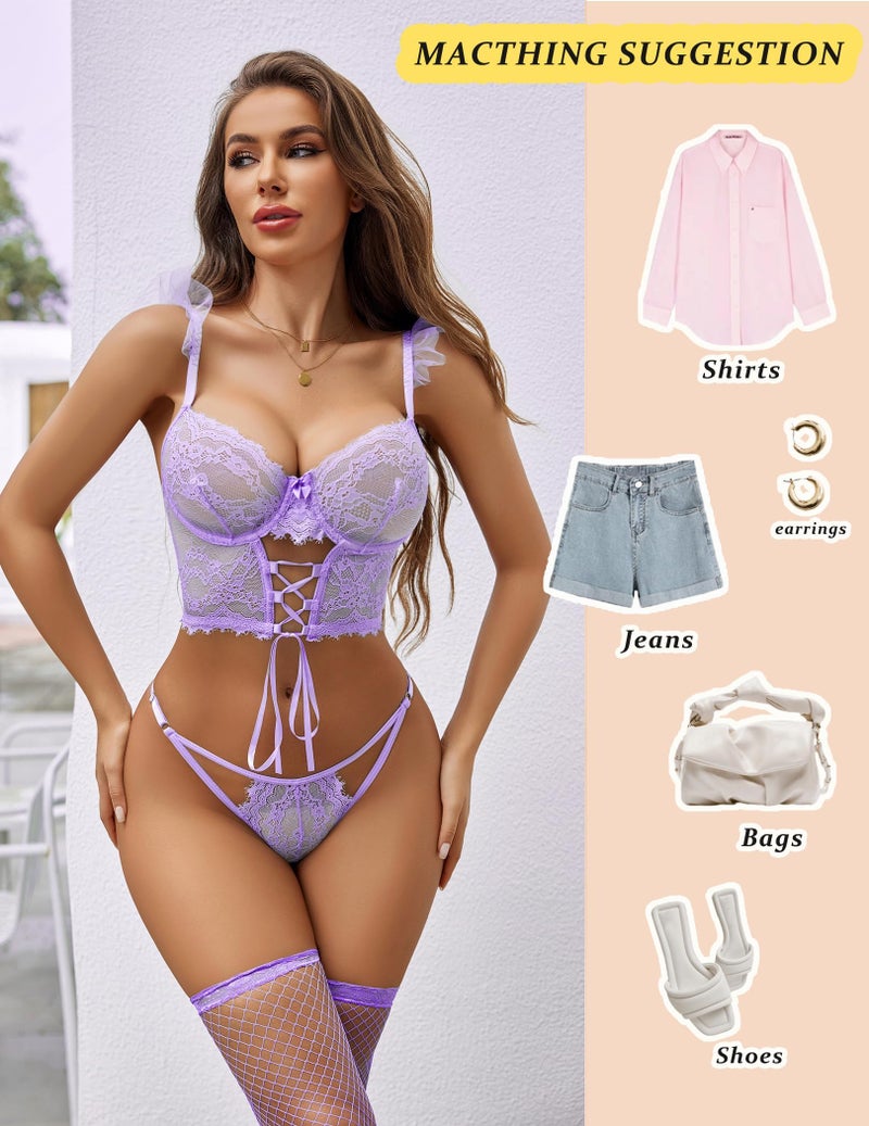 GIRLFRIEND Lingerie Sets Womens Garter Sets 3 Piece Underwire Beautiful Bra and Panty Sets with Mesh Mini Skirts Light Purple - Image 4