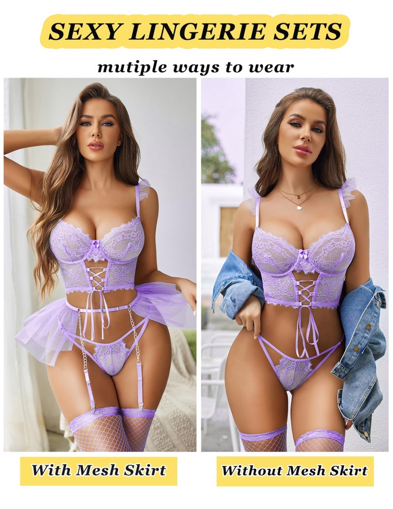 GIRLFRIEND Lingerie Sets Womens Garter Sets 3 Piece Underwire Beautiful Bra and Panty Sets with Mesh Mini Skirts Light Purple - Image 2