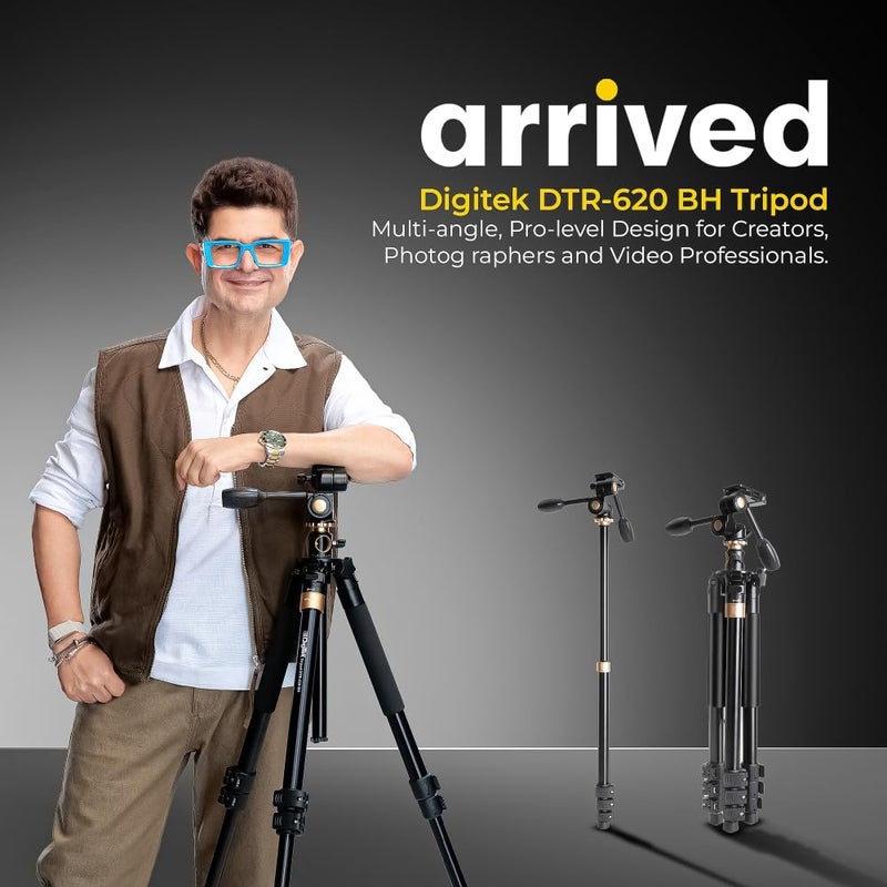 Digitek (DTR 620 BH) حامل ثلاثي بزاوية متعددة 6 أقدام مع حامل أحادي، رأس بان وت倾 بزاوية 3، عمود مركزي لالتقاط الصور على الطاولة والرأسية، سعة تحميل قصوى 20 كجم، 4 أقسام قابلة للتعديل، تحرير سريع وقفل ساق قابل للطي. - Image 2