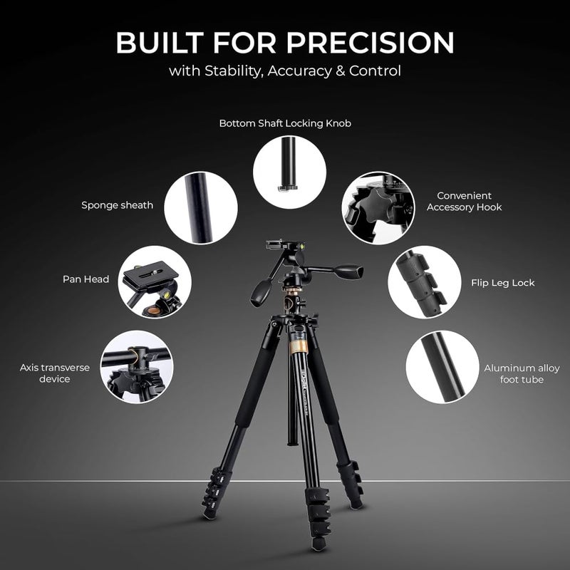 Digitek (DTR 620 BH) حامل ثلاثي بزاوية متعددة 6 أقدام مع حامل أحادي، رأس بان وت倾 بزاوية 3، عمود مركزي لالتقاط الصور على الطاولة والرأسية، سعة تحميل قصوى 20 كجم، 4 أقسام قابلة للتعديل، تحرير سريع وقفل ساق قابل للطي. - Image 3