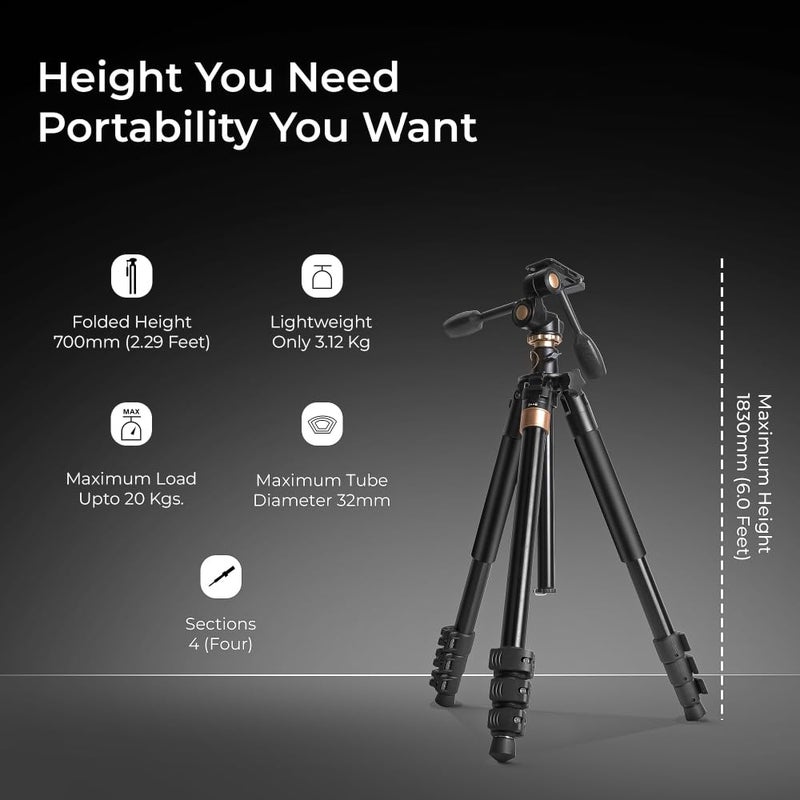 Digitek (DTR 620 BH) حامل ثلاثي بزاوية متعددة 6 أقدام مع حامل أحادي، رأس بان وت倾 بزاوية 3، عمود مركزي لالتقاط الصور على الطاولة والرأسية، سعة تحميل قصوى 20 كجم، 4 أقسام قابلة للتعديل، تحرير سريع وقفل ساق قابل للطي. - Image 4