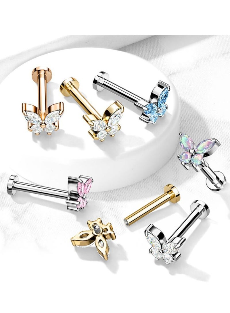 إبرة أذن وشفاه من التيتانيوم على شكل فراشة مرصعة بالزركون - مقاومة للحساسية للبشرة الحساسة