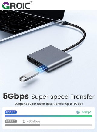 محول USB C إلى HDMI رمادي، محول فيديو 4K مع منفذ شحن USB 3.0 ونوع C، محول USB-C رقمي AV متعدد المنافذ لأجهزة Mac وأجهزة USB من النوع C - view 4