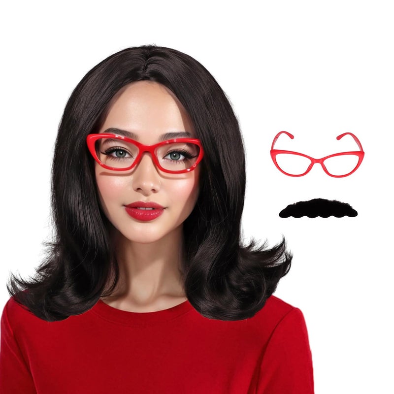 FantaLook Black Medium Cosplay Wig with Glass and Mustache for Halloween