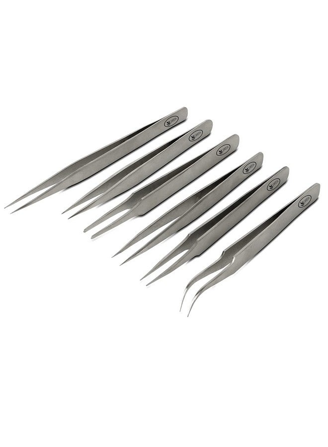 Greta Professional Stainless Steel 6 Pcs Tweezer Set With Fine Tips Sizes And Angles For Mobiles, Industrial, Hobby, Jewelry, Personal Care - Image 1