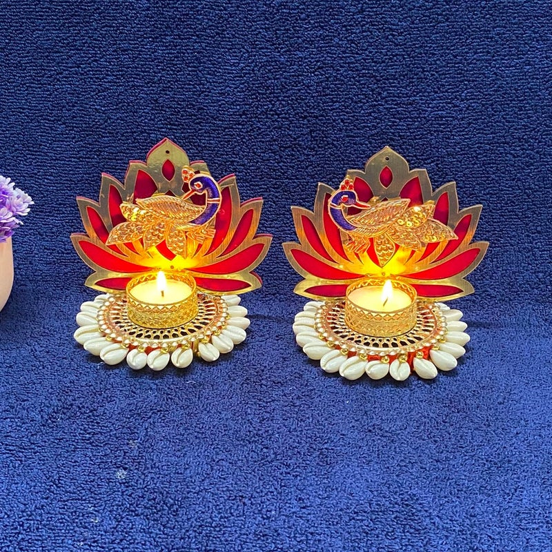 Maahal Maahal Heavy Design Hand Made Decorative Diya Tea Light Lotus Candle Holder for Diwali Decoration/Red  - Image 1