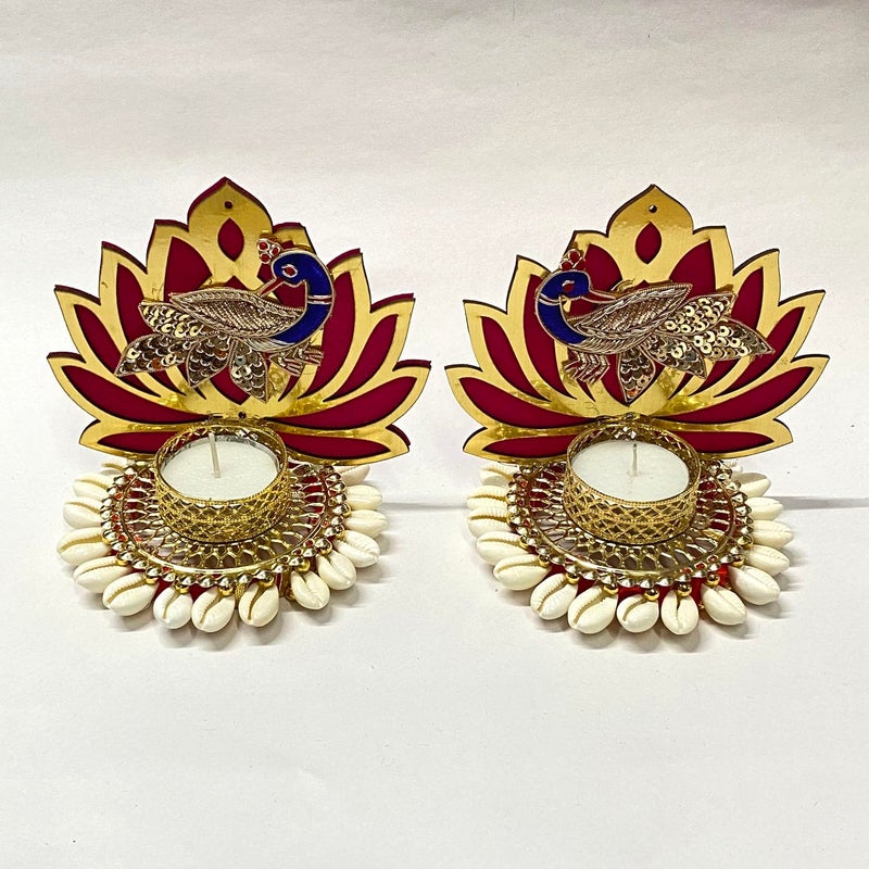 Maahal Maahal Heavy Design Hand Made Decorative Diya Tea Light Lotus Candle Holder for Diwali Decoration/Red  - Image 4