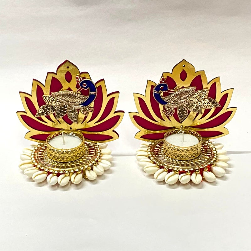 Maahal Maahal Heavy Design Hand Made Decorative Diya Tea Light Lotus Candle Holder for Diwali Decoration/Red  - Image 3