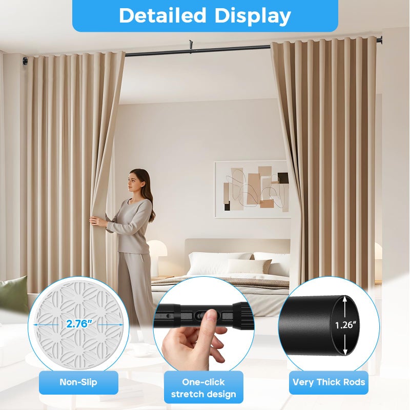 AIZESI 41-144 Inch Heavy Duty Black Tension Curtain Rod - No Drilling, Adjustable, Rust-Resistant for Outdoor, Living Room, Window, Bathroom - Image 3