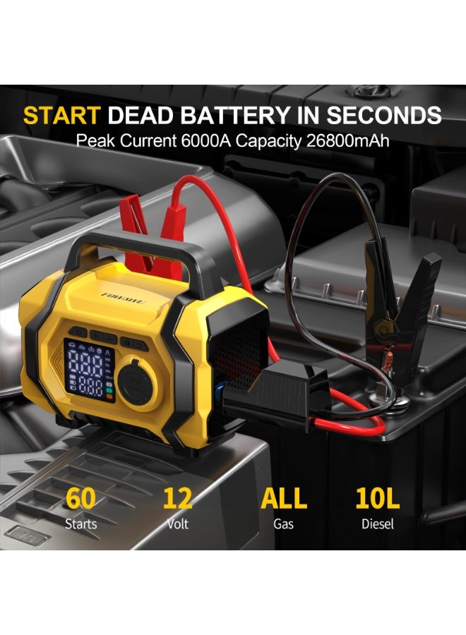 FOWAWU FOWAWU 6000A 26800mAh Jump Starter with Air Compressor, Car Battery Jumper Starter power Bank (ALL Gas/10.0L Diesel), Cordless Auto-Shutoff Tire Inflator, Type-C Quick Charge, Smart Jumper, LED Lights  - Image 3