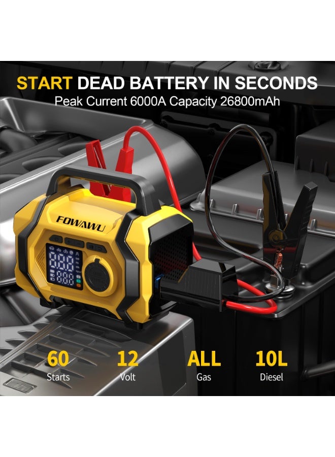FOWAWU 6000A 26800mAh Jump Starter with Air Compressor, Car Battery Jumper Starter power Bank (ALL Gas/10.0L Diesel), Cordless Auto-Shutoff Tire Inflator, Type-C Quick Charge, Smart Jumper, LED Lights - Image 3