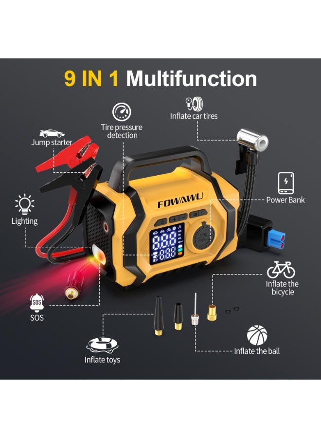 FOWAWU 6000A 26800mAh Jump Starter with Air Compressor, Car Battery Jumper Starter power Bank (ALL Gas/10.0L Diesel), Cordless Auto-Shutoff Tire Inflator, Type-C Quick Charge, Smart Jumper, LED Lights - Image 2