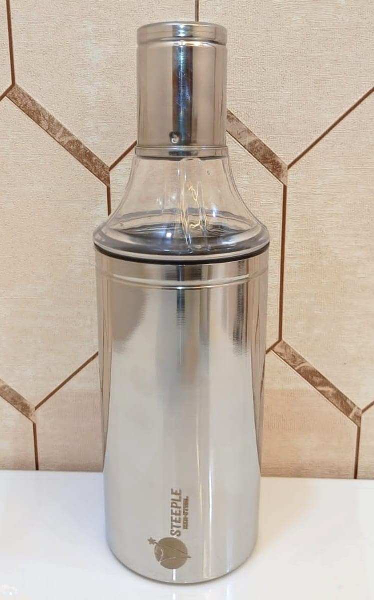 STEEPLE موزع زيت STEEPLE سعة 1 لتر حاوية زيت فولاذية زجاجة زيت علبة زيت مجموعة مطبخ موزع زيت للطهي للاستخدام المنزلي والمطاعم عبوة 1 لتر فضية - Image 1