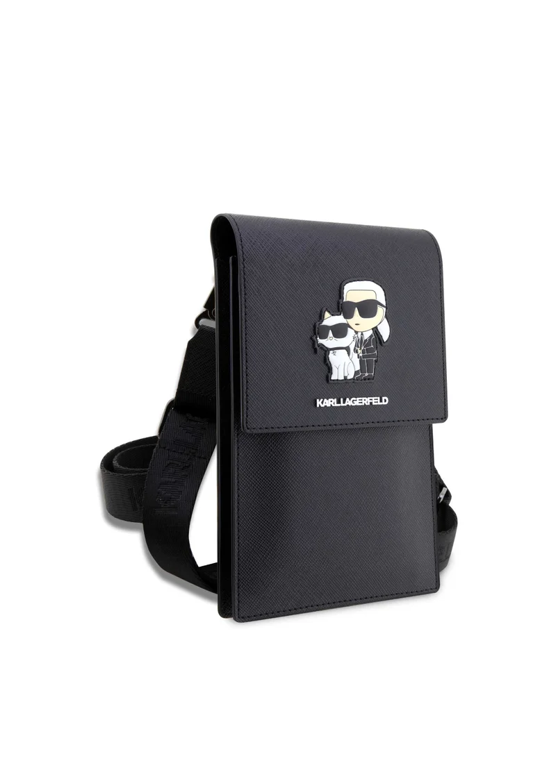 Karl Lagerfeld Phone Pouch Universal Saffiano K&C NFT Detachable Shoulder Strap with 3 Card Slot and 2 Compartment - Black