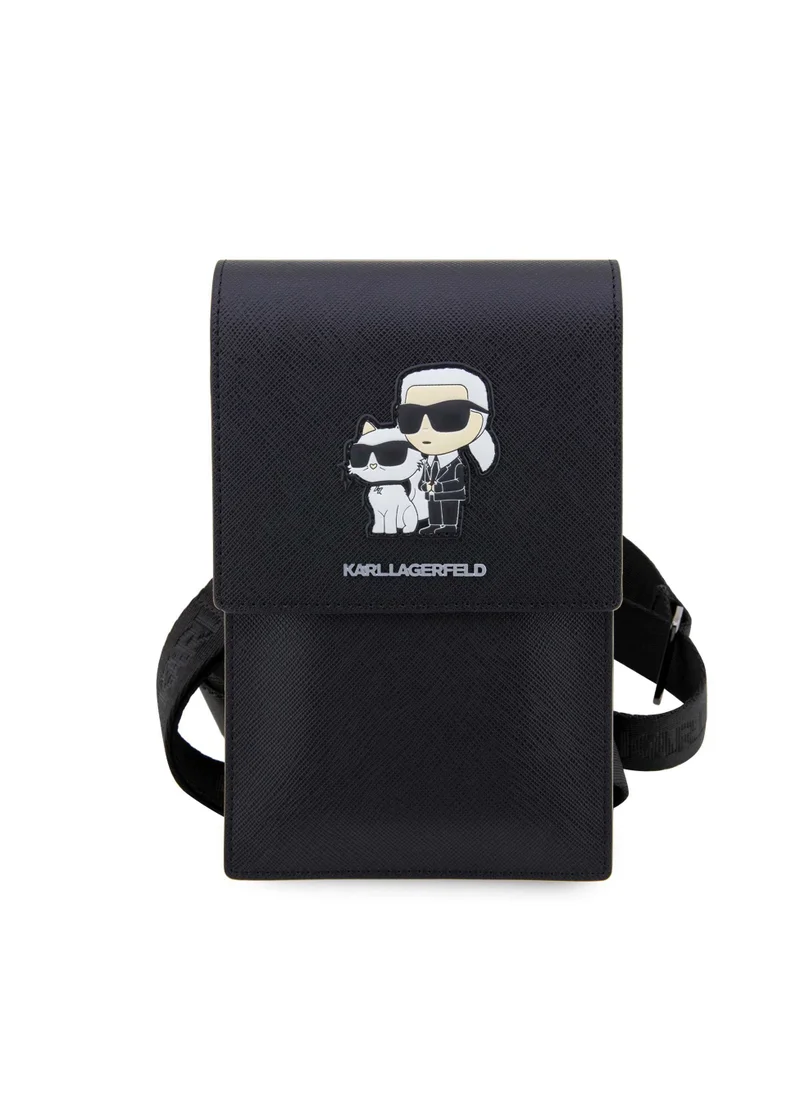 Karl Lagerfeld Phone Pouch Universal Saffiano K&C NFT Detachable Shoulder Strap with 3 Card Slot and 2 Compartment - Black
