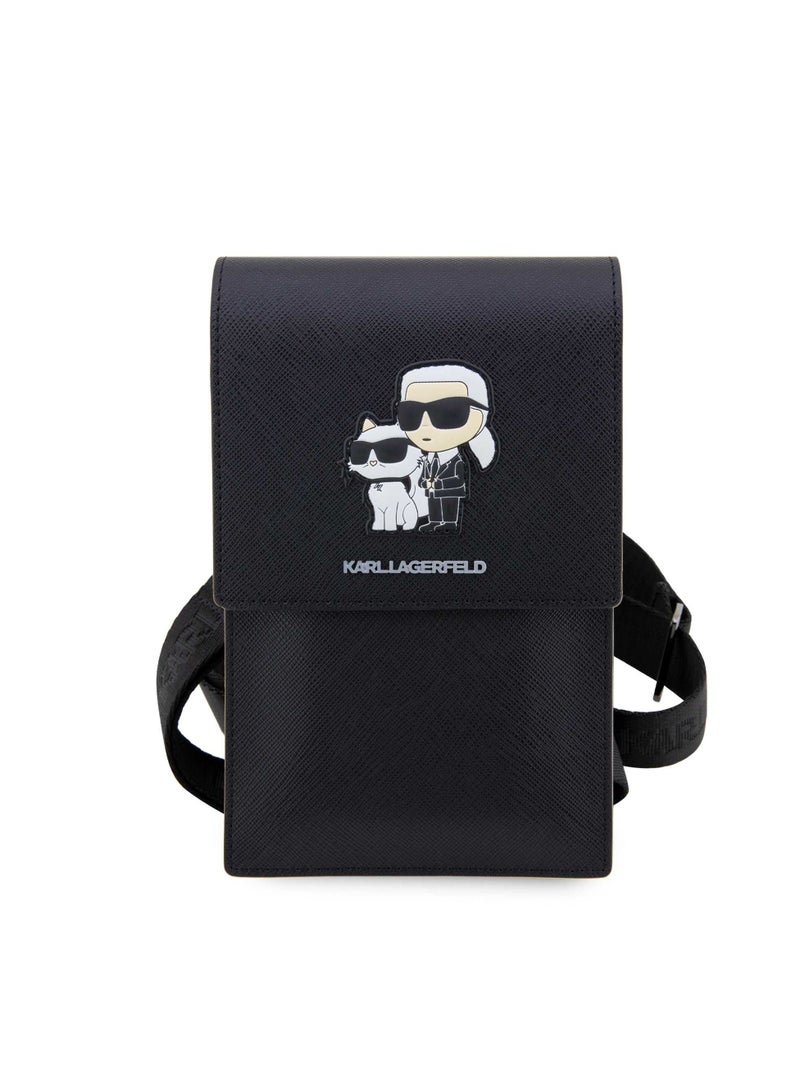Karl Lagerfeld Phone Pouch Universal Saffiano K&C NFT Detachable Shoulder Strap with 3 Card Slot and 2 Compartment - Black - Image 2