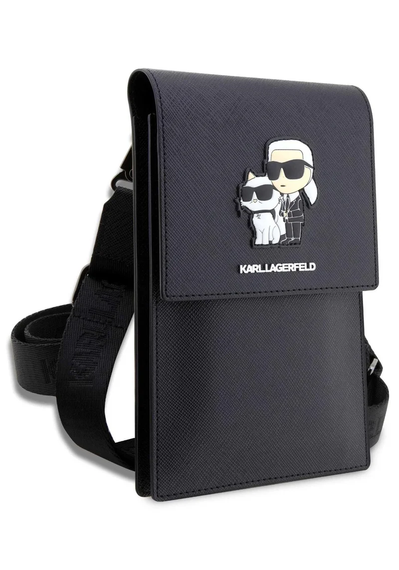 Karl Lagerfeld Phone Pouch Universal Saffiano K&C NFT Detachable Shoulder Strap with 3 Card Slot and 2 Compartment - Black
