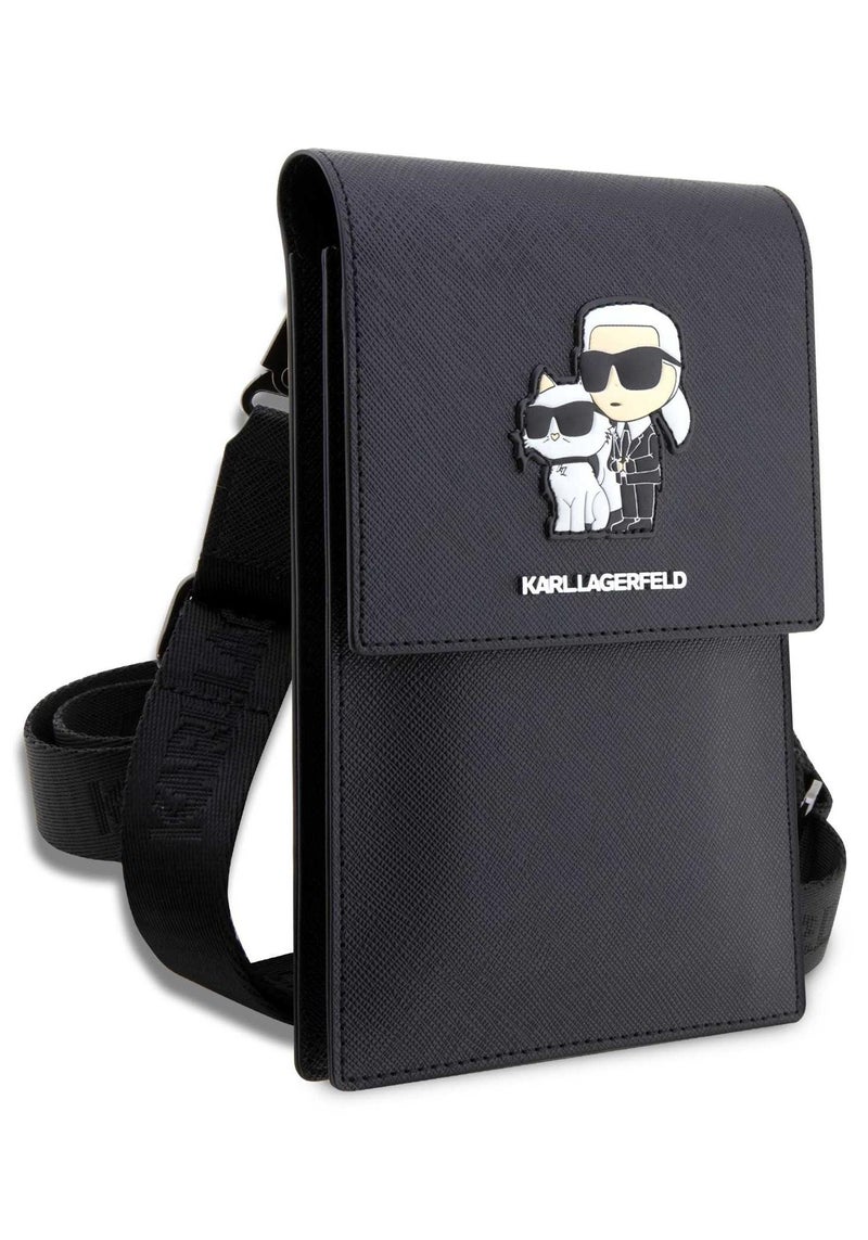 Karl Lagerfeld Phone Pouch Universal Saffiano K&C NFT Detachable Shoulder Strap with 3 Card Slot and 2 Compartment - Black - Image 1
