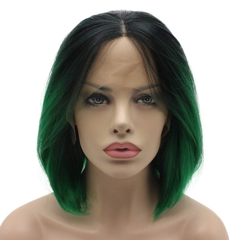 Lushy Lushy Straight Short Silky Dark Root Green Ombre Wig Heat Rsistant Heavy Density Synthetic Lace Front Wig 