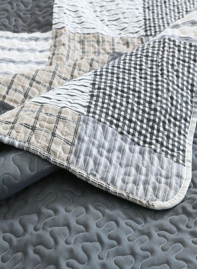 Boryard 3-Piece Queen Quilt Set, Lightweight Soft Full Size Quilt Gray Patchwork Farmhouse Bedspread Coverlet 90x90 inches Spring Bedding Set with 2 Pillow Shams, Grey Plaid Print - Image 5