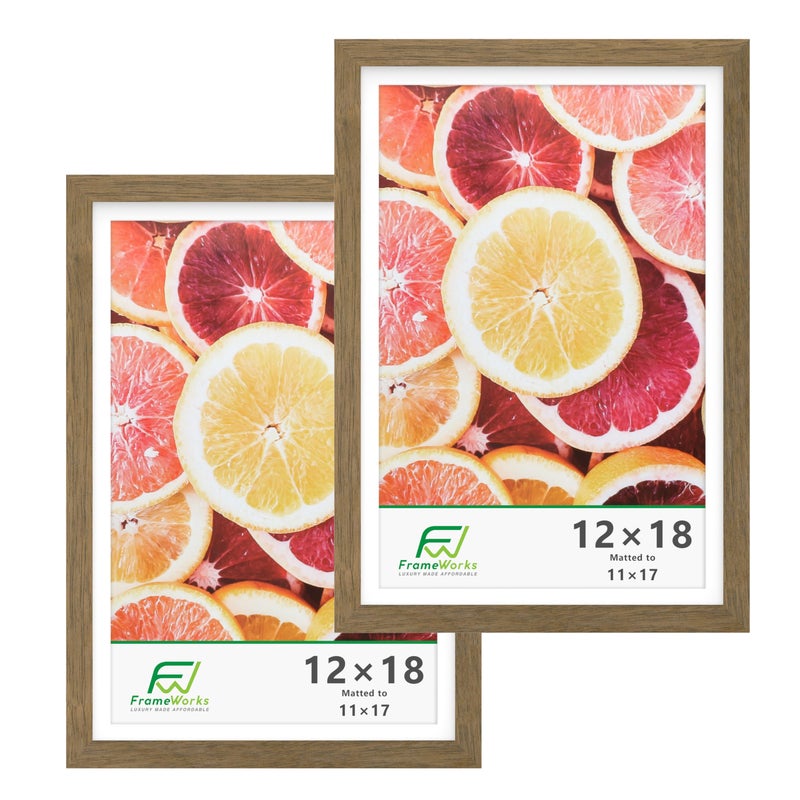 FrameWorks 2Pack 12x18 Matted to 11x17 Picture Frame Dark Oak  Classic Wooden Photo Frame with Tempered Glass Modern Matte Finish for Prints Posters Certificates  Wall Decor  GalleryReady