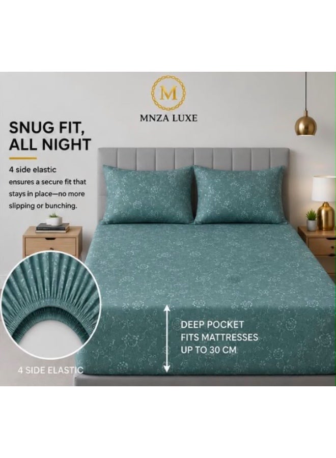 طقم ملاءة سرير مطاطية فاخر من الألياف الدقيقة بتصميم زهري من MNZA LUXE، يشمل ملاءة مطاطية واحدة وغطاءي وسادة | فائق النعومة، قابل للتهوية، ومقاوم للتجاعيد | اللون التركواز - Image 1