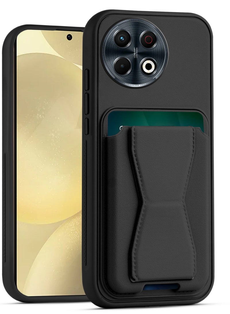 غطاء خلفي من الجلد مع محفظة بطاقات، جراب قابل للطي ومقاوم للصدمات متوافق مع هاتف تكنو سبارك 30 برو (أسود)