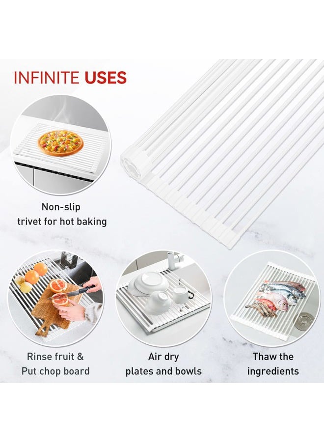 MERRYBOX Roll Up Dish Drying Rack Silicone Wrapped Over The Sink Dish Rack Foldable Dish Drainer Anti-Slip Dish Racks for Kitchen Counter, Multipurpose Kitchen Sink Drying Rack, 20.5" x 13", White - Image 3