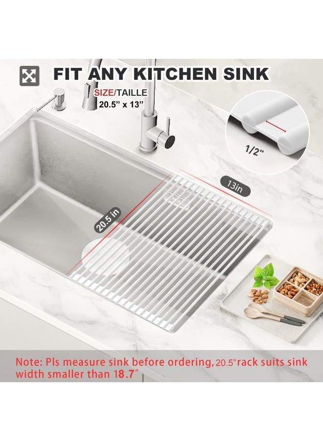 MERRYBOX Roll Up Dish Drying Rack Silicone Wrapped Over The Sink Dish Rack Foldable Dish Drainer Anti-Slip Dish Racks for Kitchen Counter, Multipurpose Kitchen Sink Drying Rack, 20.5" x 13", White - Image 2