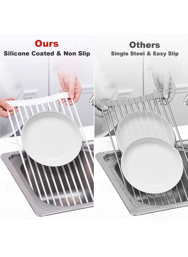 MERRYBOX Roll Up Dish Drying Rack Silicone Wrapped Over The Sink Dish Rack Foldable Dish Drainer Anti-Slip Dish Racks for Kitchen Counter, Multipurpose Kitchen Sink Drying Rack, 20.5" x 13", White - Image 5
