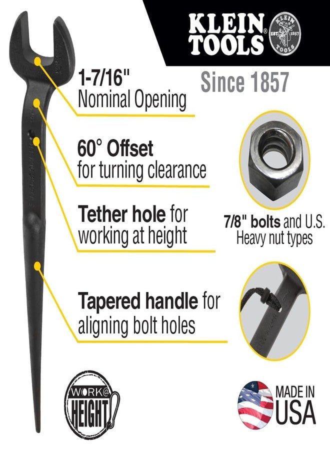 KLEIN TOOLS 3213TT Construction Spud Wrench with Tether Hole, 1-7/16-Inch Nominal Opening, 7/8-Inch Bolt for US Heavy Nut - Image 2