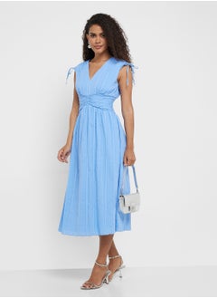Little Mistress Cornflower Dobby Spot Gathered Detail Midi Dress  - Image 1