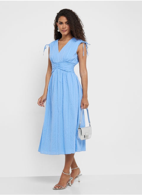 Cornflower Dobby Spot Gathered Detail Midi Dress