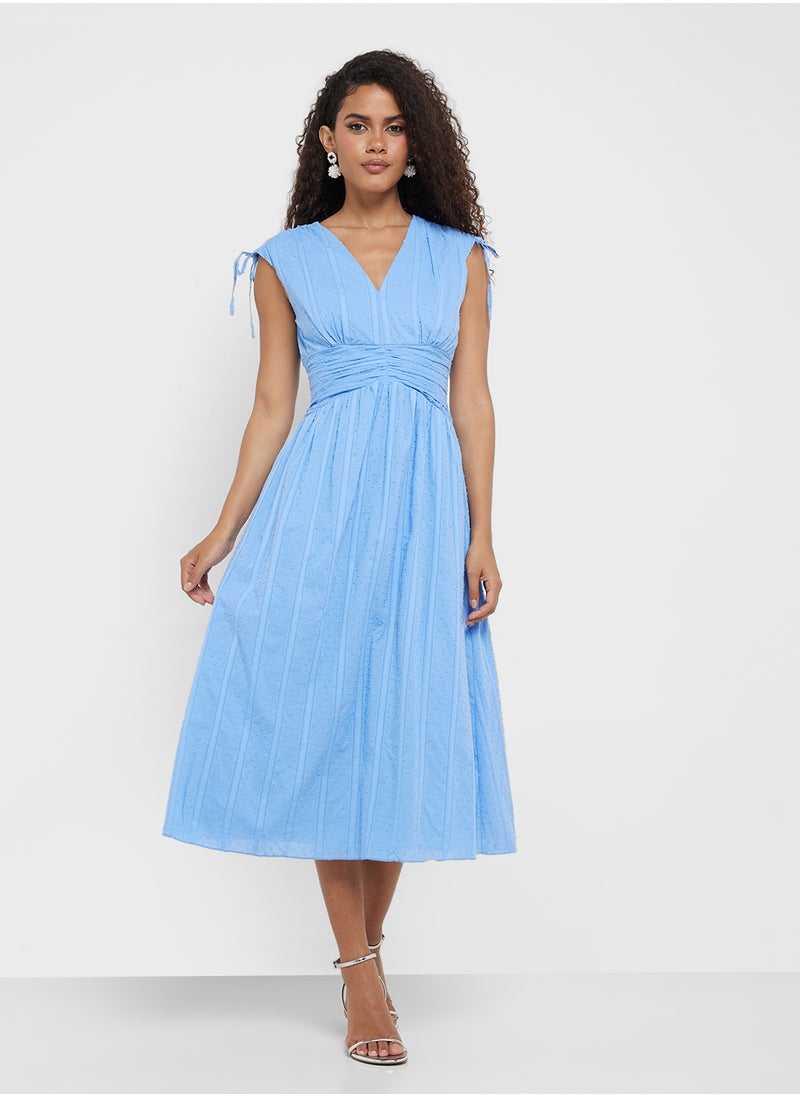 Little Mistress Cornflower Dobby Spot Gathered Detail Midi Dress  - Image 4
